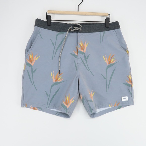 Katin Board Shorts Mens 34 Blue Gray Bird of Paradise Floral Print Swim Trunks - Picture 1 of 7